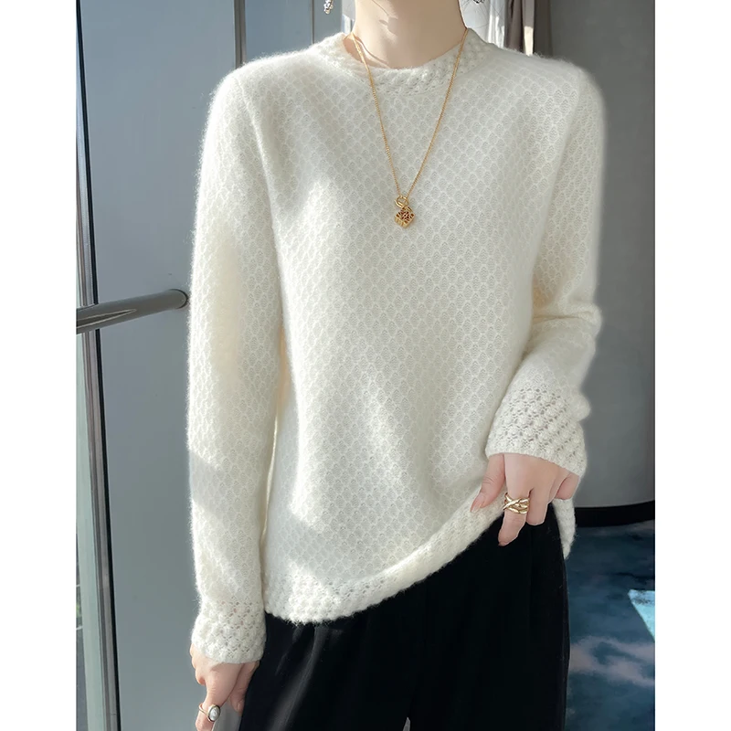 Top Trends: 100% Pure Australian Wool Autumn Winter Sweater Women's 2024 New Fashion Half High Neck Knitted Bottom Waffle Long Sleeved Wear Shoppable Styles