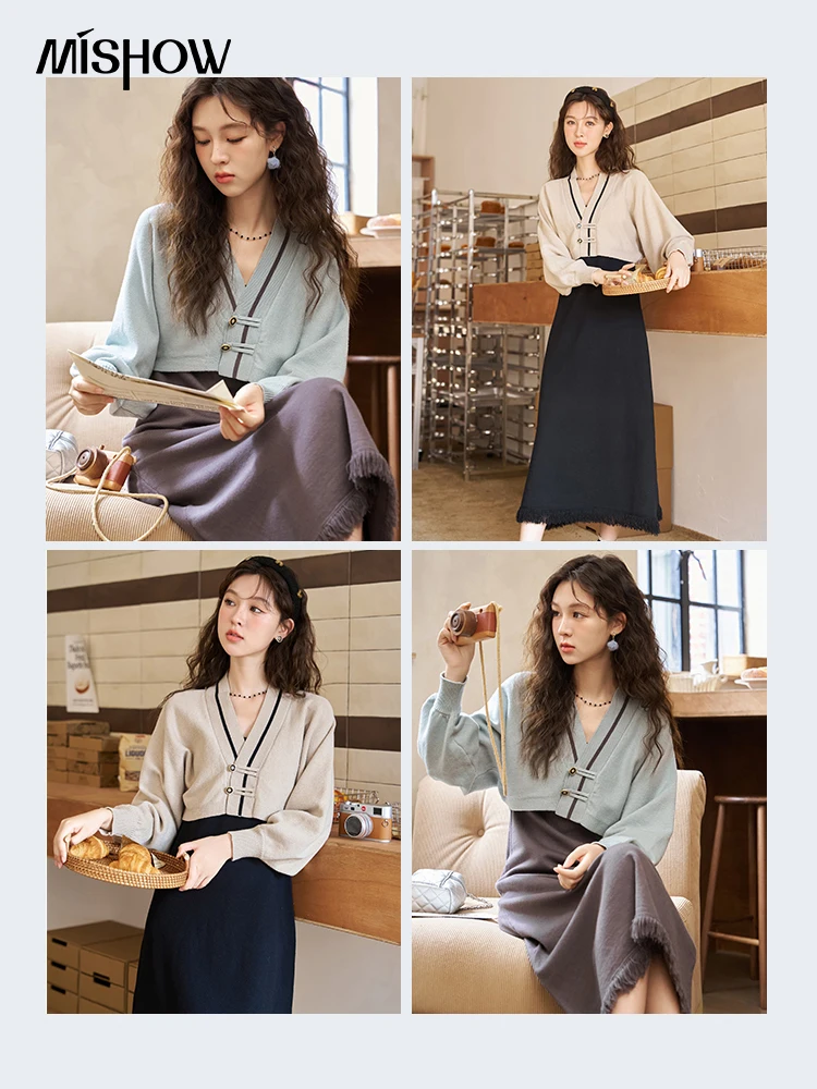 Top Trends: MISHOW Women's Knitted Lantern Sleeve Sweater Dress Two-piece Suit 2023 Autumn Separtely V Neck Coat Dresses Set MXC46L1589 Shoppable Styles - Image 6