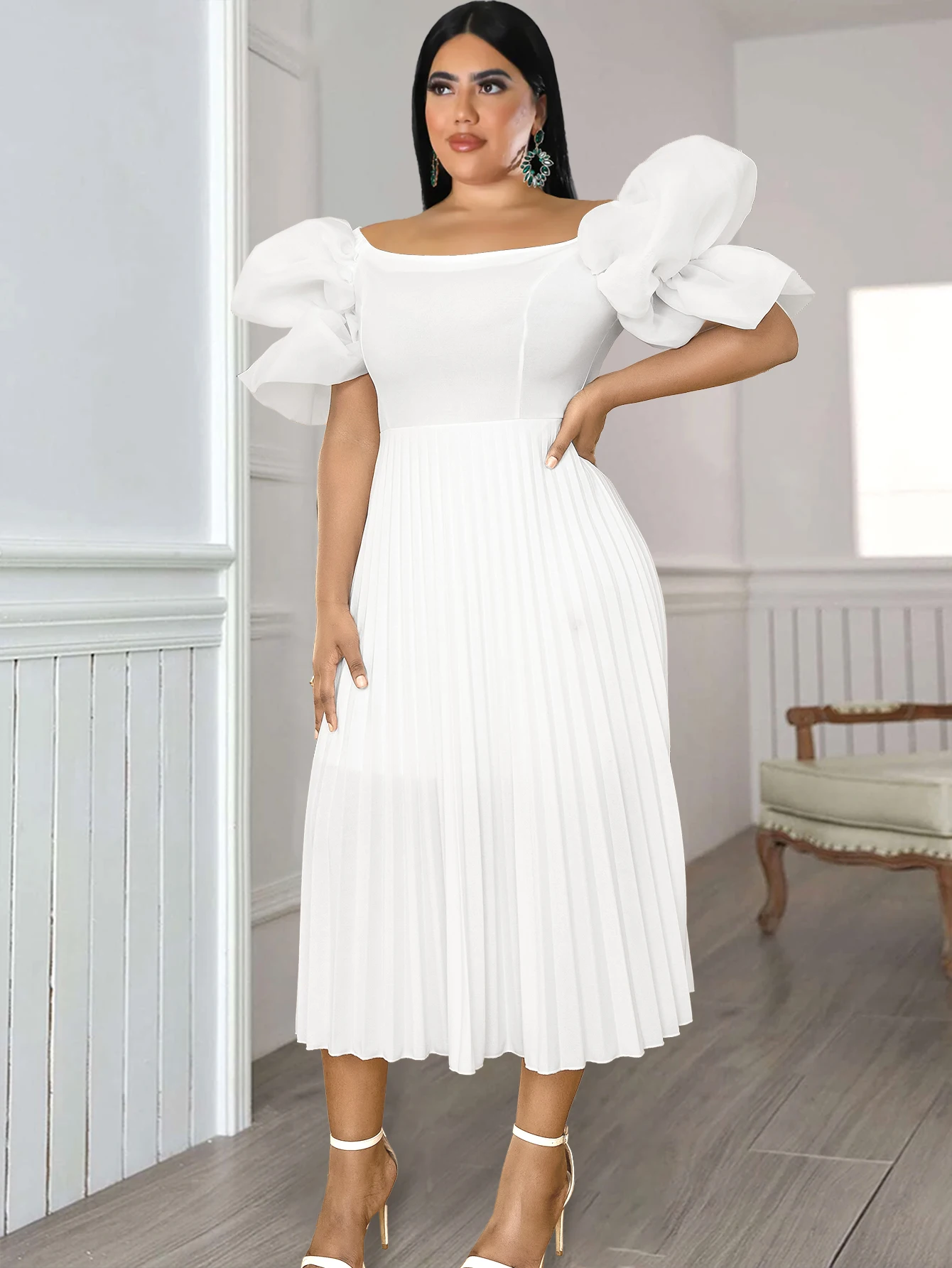 Top Trends: ONTINVA White Midi Dresses For Women Plus Size Off Shoulder Puff Sleeve Pleated A Line Evening Party Wedding Guest Outfits 4XL Shoppable Styles