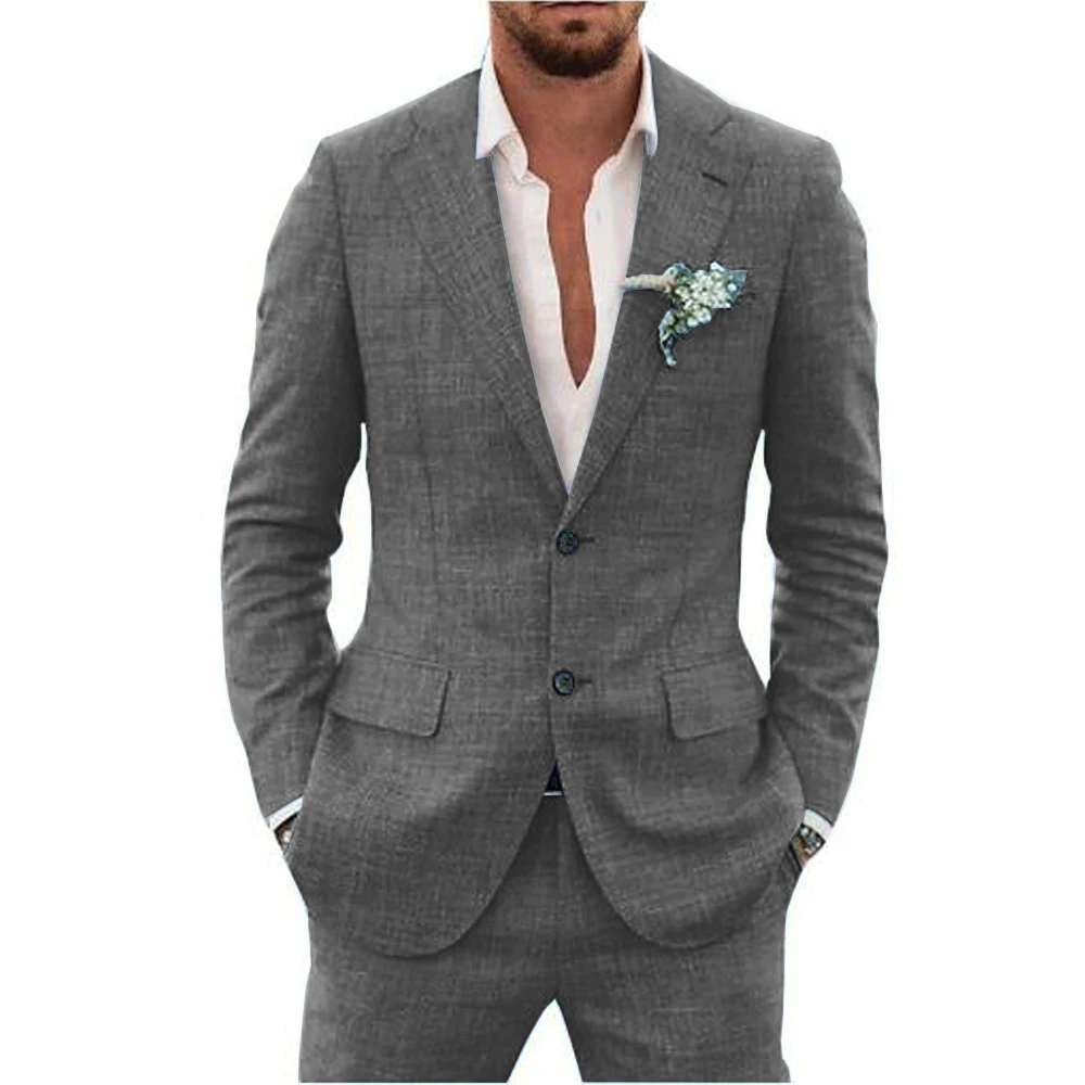 Top Trends: Slub Cotton Linen Suiting Fabric Full Men's Suit Lapel Collar Single-breasted 2 Piece Set Elegant Man Suits High Quality Blazer Shoppable Styles