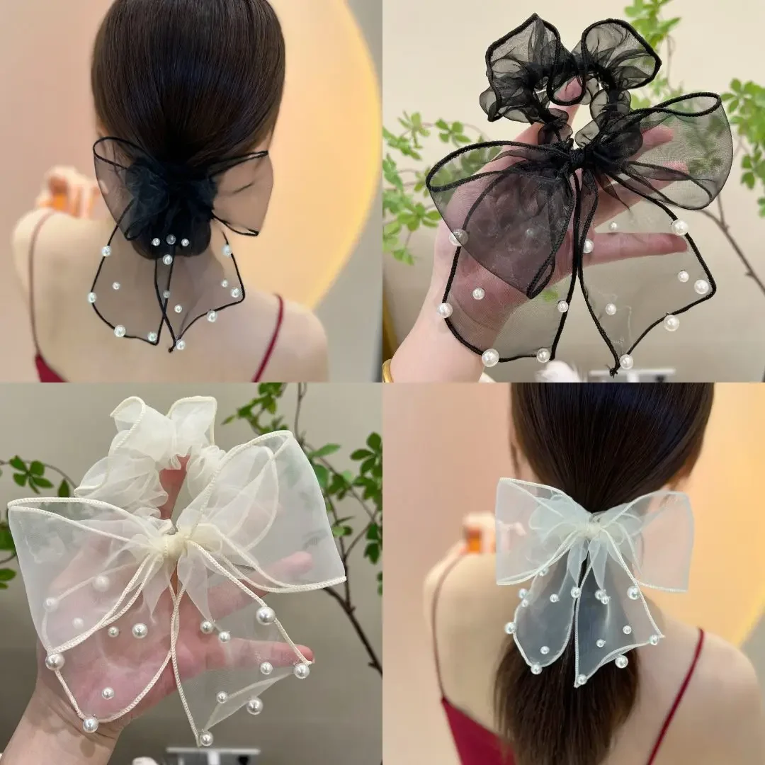 Top Trends: Pearl Bow Layer HairBands Silk Mesh Organza HairRope Dot Hair Scrunchie Hair Accessories Net Yarn Elastic HairTie Bands Shoppable Styles