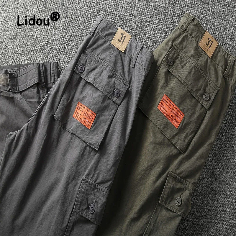 Top Trends: Vintage Fashion Solid Color Multiple Pockets Men&#039;s Cargo Pants Classic Button Man Street Casual Loose Youth All-match Trousers Shoppable Styles