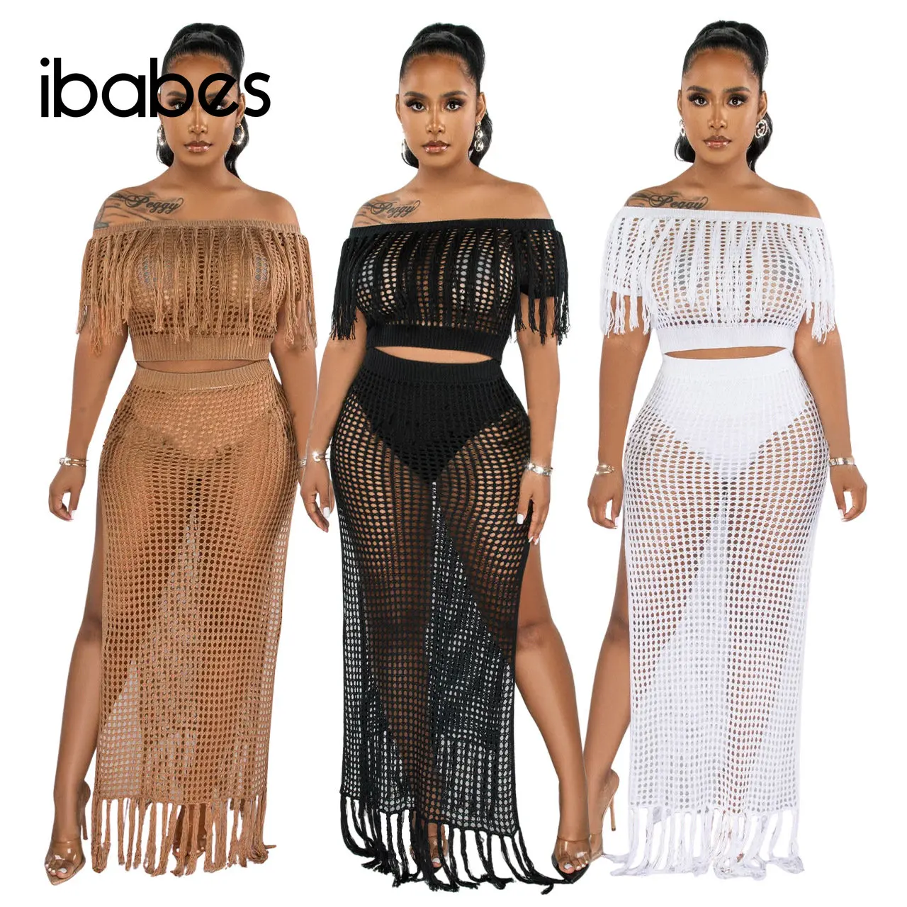 Top Trends: Crochet Knitted Women Cover Ups Tassel Off Shoulder Crop Top High Slit Skirts Matching 2 Piece Set 2023 Summer Beach Tracksuits Shoppable Styles