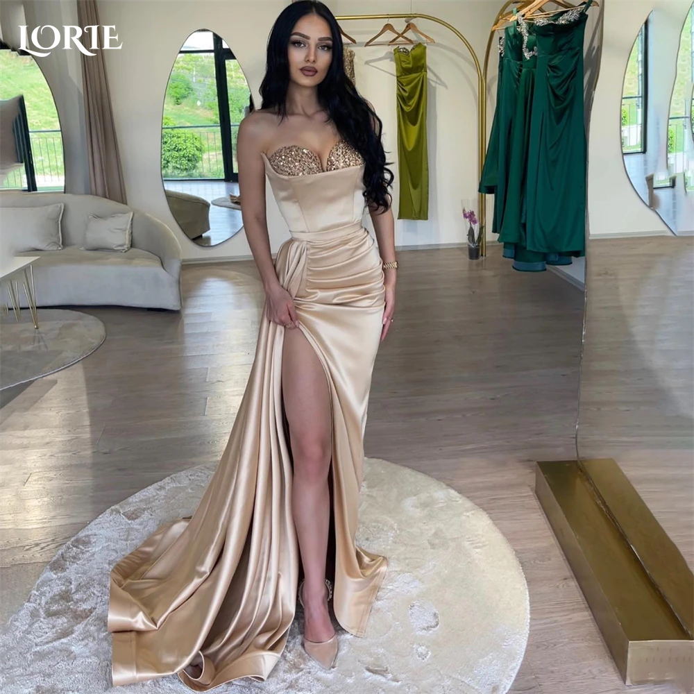 Top Trends: LORIE Light Champagne Mermaid Evening Dresses Glitter Off Shoulder Sexy High Side Slit Prom Dress Pleats Bridesmaid Party Gowns Shoppable Styles