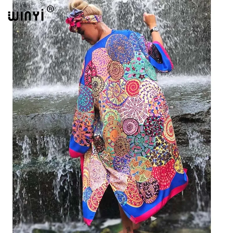 Top Trends: WINYI Europe National Style Printing Beach Bohemian Long Cardigan Cover-up Stitch Casual Boho Loose Holiday Kimono Coat Kaftan Shoppable Styles