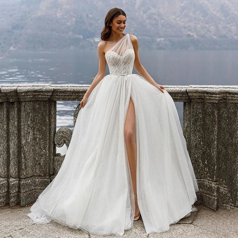 Top Trends: LORIE Sleeveless One Shoulder Lace Wedding Dresses A Line Side Split Bride Dress Elegant Puffy Tulle Wedding Gowns 2023 Shoppable Styles