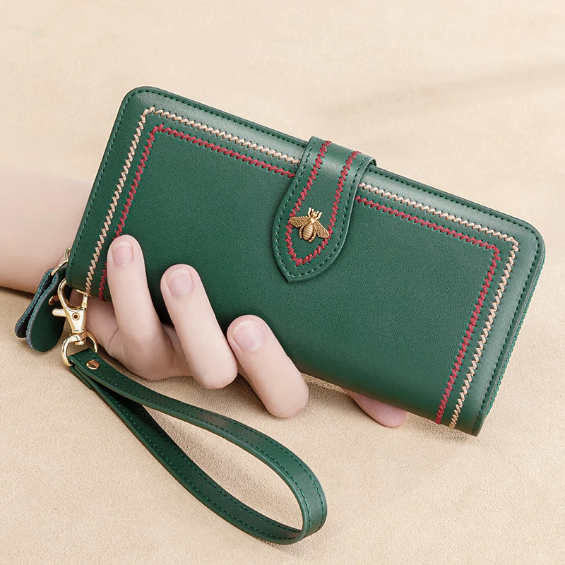 Top Trends: Genuine Leather Wallets Women Clutch Female Purses Long Money Bag Zipper Coin Bee Luxury Brand Wristlet Phone Hasp Card Holder Shoppable Styles