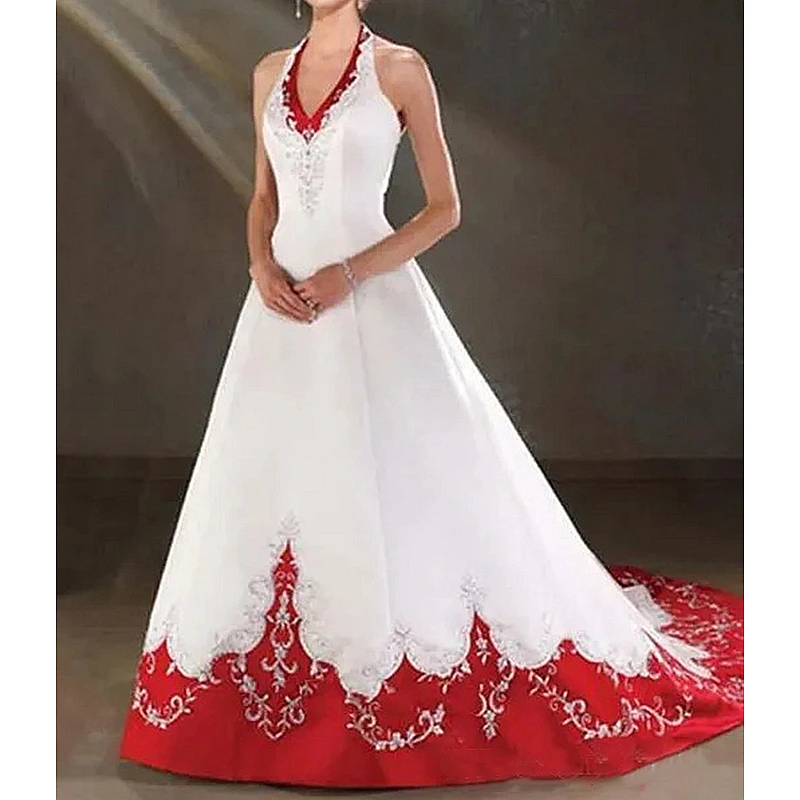 Top Trends: White And Red Embroidery Wedding Dress For Bride Halter Neck Backless Elegant Vintage A Line Satin Bridal Gowns Shoppable Styles