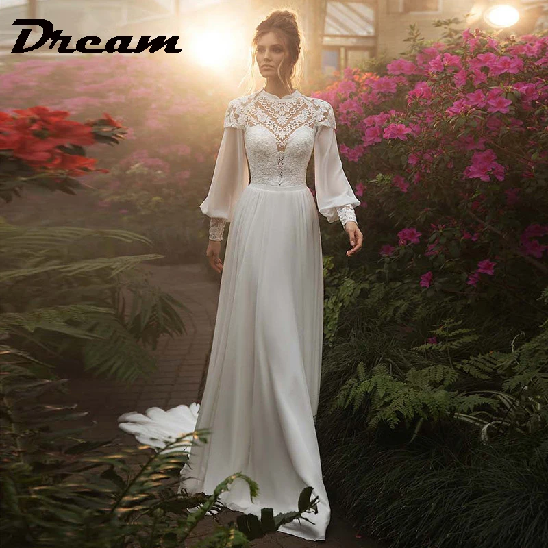 Top Trends: DREAM Chiffon Long Puffy Sleeves Boho Wedding Dresses 2023 High Neck Lace Appliques Muslim Bridal Gown Vintage Vestido De Noiva Shoppable Styles