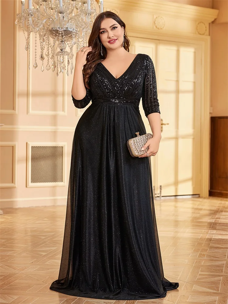 Top Trends: XUIBOL Plus Size Luxury Black Sequin V-Neck Evening Dress Women Chiffon Long Sleeve Party Maxi Prom Floor Lenght Cocktail Dress Shoppable Styles