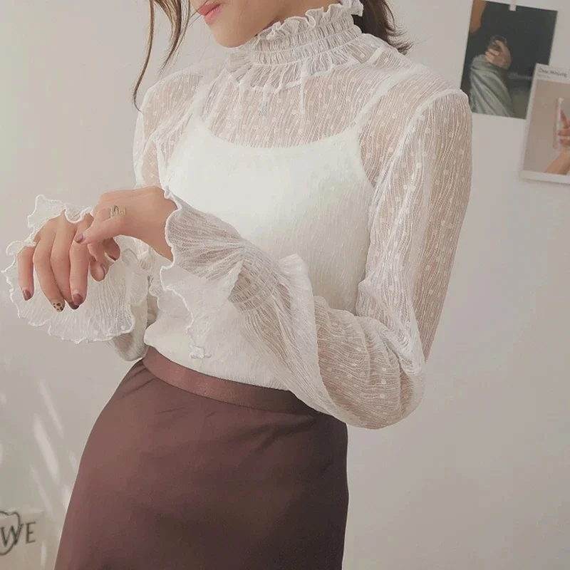 Top Trends: New Transparent Korean Loose Women Lace Blouse 15 Colors Female Bottoming Blouses S-3XL Size Cheaper Tops Kawaii T Shirt Shoppable Styles