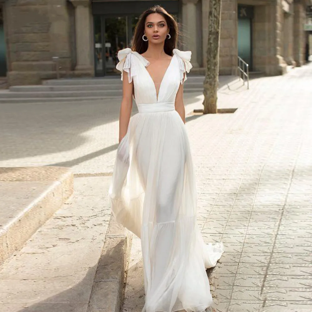 Top Trends: Boho Chiffon Wedding Dress V-Neck For Women Elegant A-line Spaghetti Straps With Bow Open Back Bridal Gown Vestido De Novia Shoppable Styles