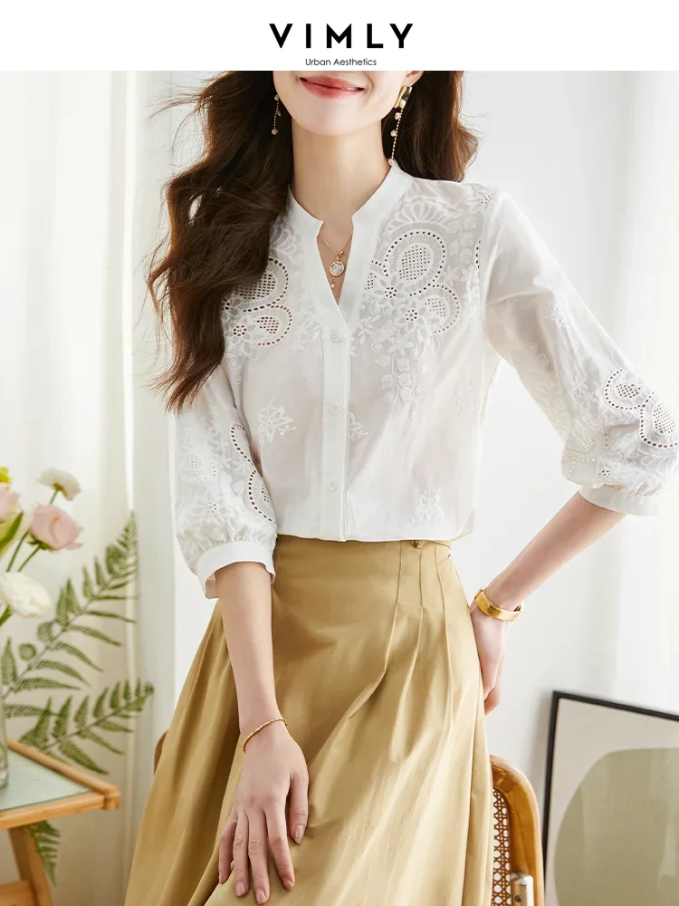 Top Trends: Vimly Cotton 100% White Shirts &amp; Blouses For Women 2023 Chic Embroidery V Neck Loose Fit Thin Three Quarter Sleeve Shirts Top Shoppable Styles