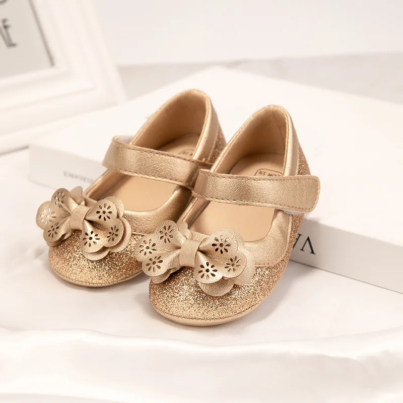 Top Trends: New Baby Girl Shoes Flower Gold Sparkling Bowknot Toddler Rubber Sole Anti-slip First Walkers Infant Newborn Baby Princess Shoes Shoppable Styles