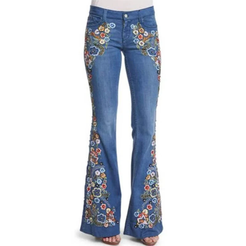 Top Trends: Elegant Embroidered Flowers Micro Flared Jeans Women's Intelligent Style Mid Waist Button Splicing Denim Pants Washable Trousers Shoppable Styles