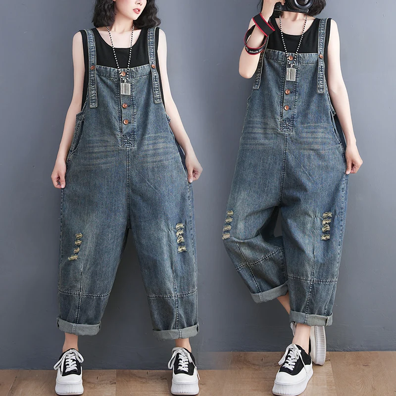 Top Trends: Vintage Streetwear Ripped Jeans Jumpsuit Women Casual Loose Wide Leg Straps Denim Overalls Female Cargo Baggy Bib Pants Rompers Shoppable Styles