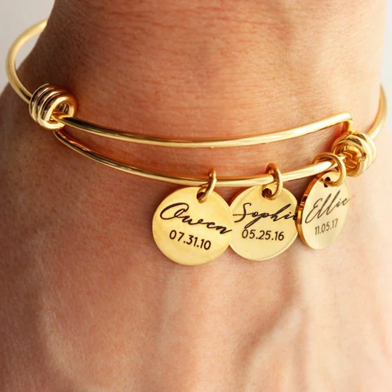 Top Trends: Customized 1-5 Names Round Pendant Bangles Personalized Adjustable Stainless Steel Bracelets Custom Engraved Bangle Name Jewelry Shoppable Styles