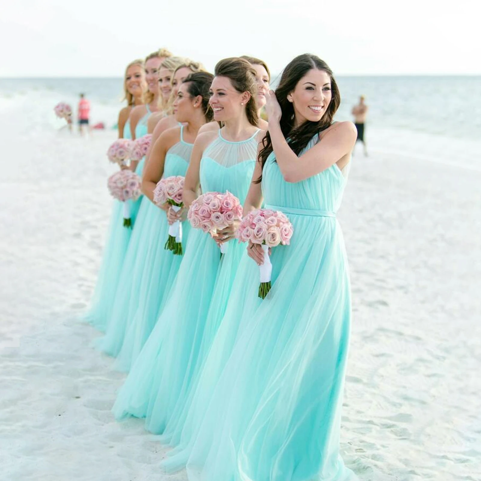 Top Trends: Elegant Halter A-Line Wedding Party Gown Illusion Tulle Turquoise Bridesmaid Dresses For Beach Weddings 2023 Mujer Invitada Chic Shoppable Styles