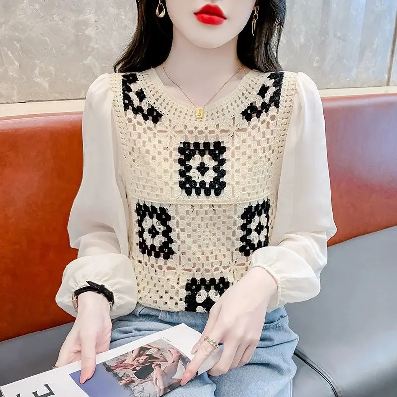 Top Trends: Fashion O-Neck Spliced Knitted Hollow Out Blouses Women&#039;s Clothing 2023 Autumn Winter Loose Casual Pullovers Commuter Shirts Shoppable Styles