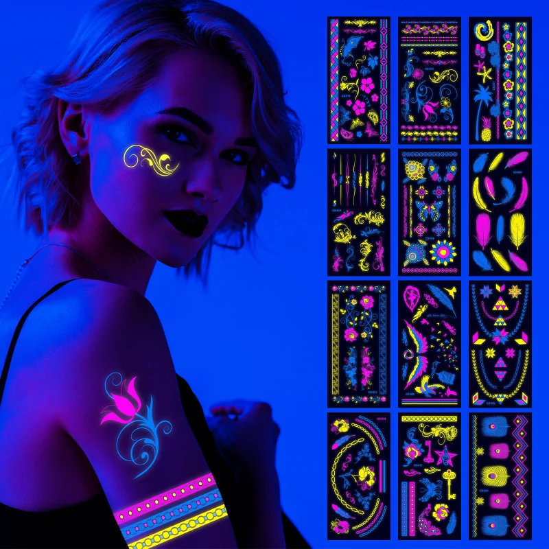 Top Trends: 2023 Creativity Fluorescent Flower Arm Face Waterproof Tattoo Stickers Feather Flower Wing Glowing Sticker Music Festival Tattoo Shoppable Styles