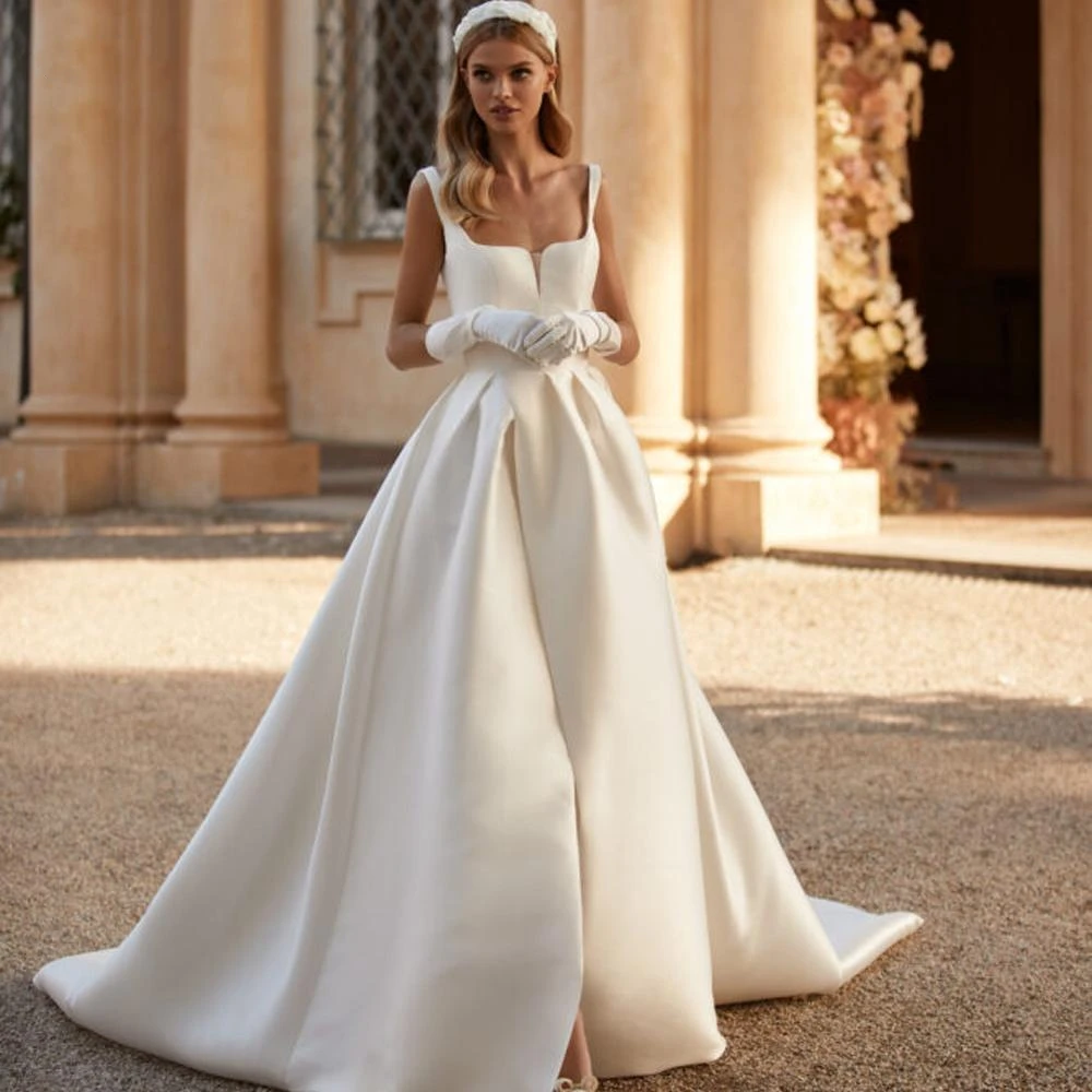 Top Trends: Elegant A-Line Halter Wedding Dress 2024 Princess Satin Square Collar Ivory White Button Sweep Train Long Wedding Bridal Gown Shoppable Styles