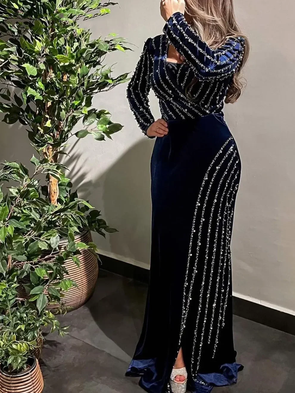 Top Trends: Navy Blue Evening Dresses A Line Beads Velvet Asymmetrical Gorgeous Formal Occasion Prom Party Gowns Long Sleeves فساتين الحفلات Shoppable Styles