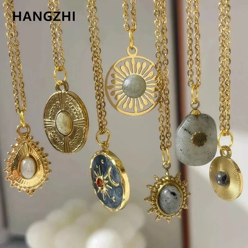 Top Trends: HangZhi 2022 New Gray Enamel Round Star Sun Charm Natural Stones Pendants Necklace Stainless Steel Clavicle Chain Jewelry Shoppable Styles