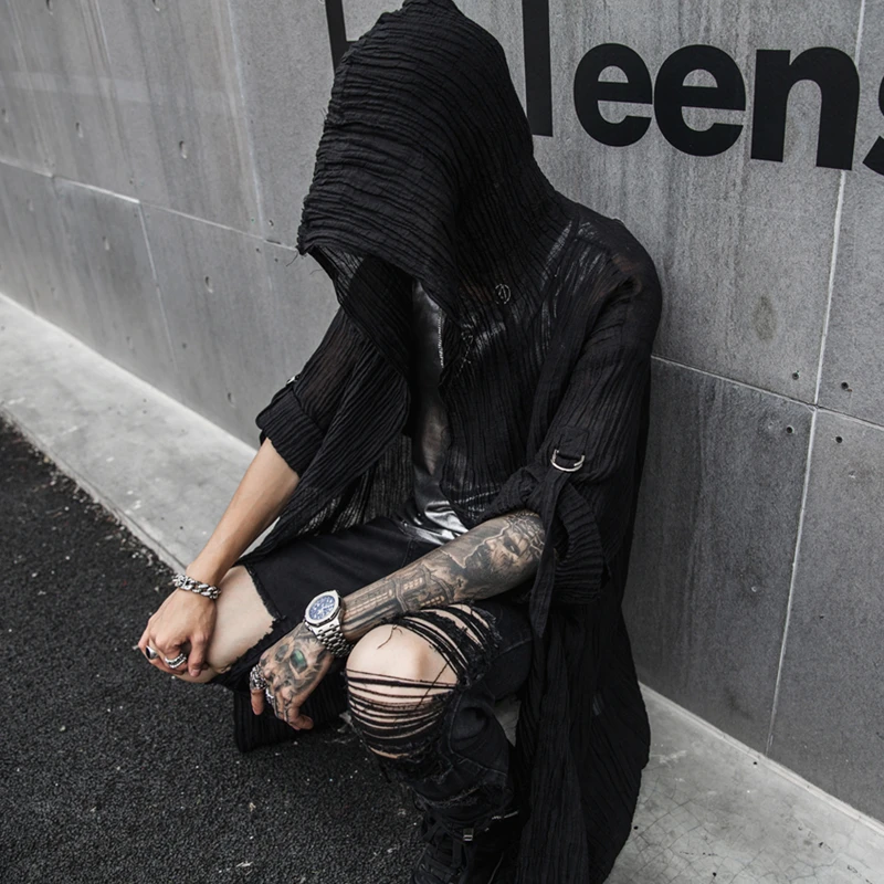 Top Trends: Punk Rock Hip Hop Black Long Shirt Hooded Cloak Cardigan Men Linen Oversize Blouse Nightclub DJ Singer Gothic Vintage Streetwear Shoppable Styles