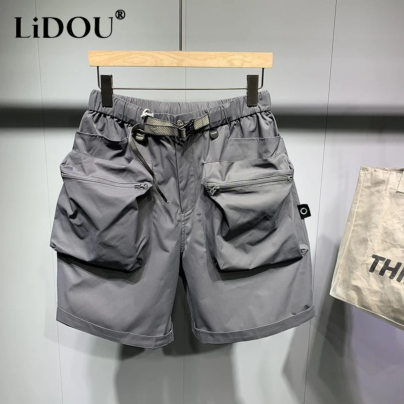 Top Trends: Summer New Solid Color Fashion Loose Knee Length Shorts Man Korean Style Elastic Waist Pockets Zipper Thin Style Straight Pants Shoppable Styles