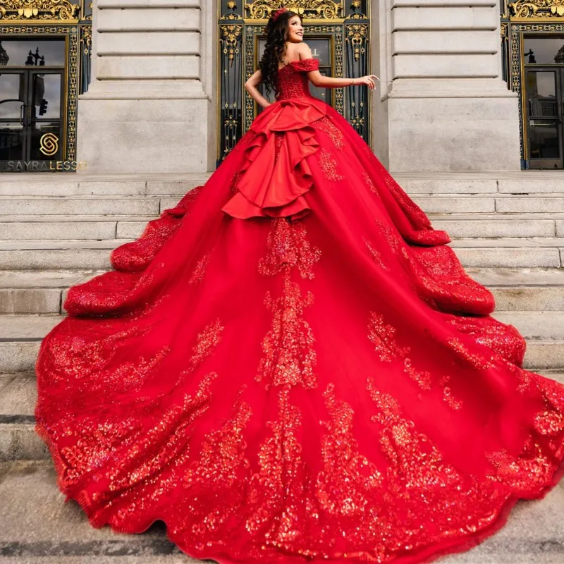 Top Trends: Laboum Sequined Lace Quinceanera Dresses Dark Red Off Shoulder Appliques Puffy Ruffles Cathedral Train Crystal Prom Vestido 15 Shoppable Styles