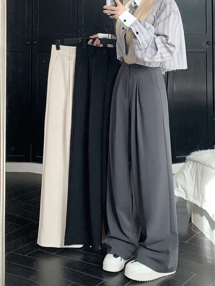 Top Trends: Grey Suit Pants Women's High Waisted Loose Fitting Wide Leg Pants Autumn And Winter White Straight Pants Female Shoppable Styles