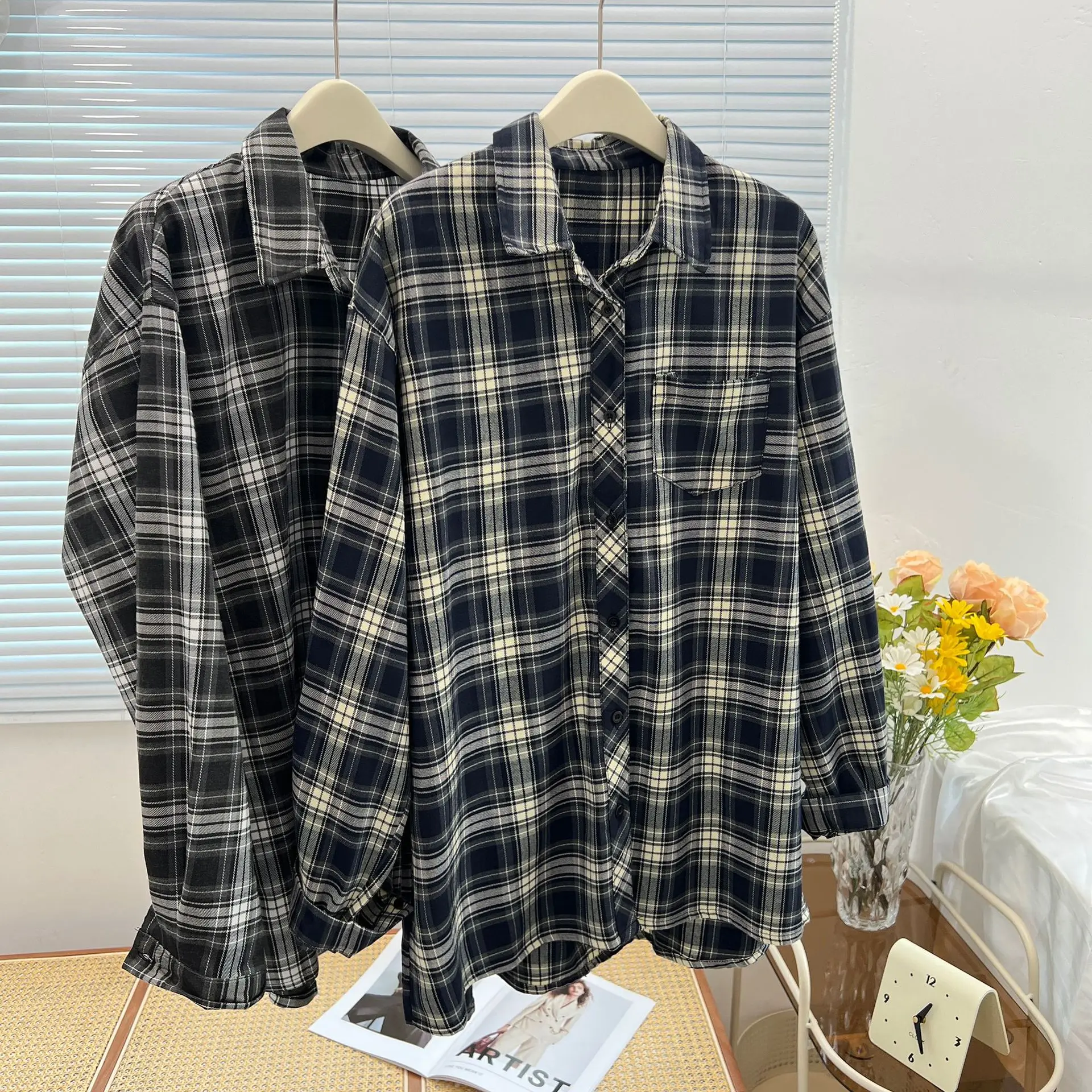 Top Trends: American Vintage Plaid Shirt Women Plus Size Autumn Winter 2023 Casual Clothing Drop Sleeve Blouses Fashion Loose Tops B2 3100 Shoppable Styles