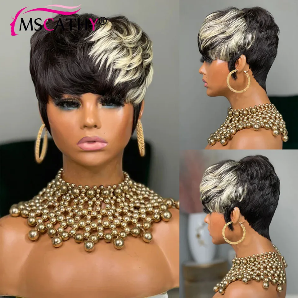 Top Trends: Full Machine Made Lace Pixie Cut Wigs Brazilian Remy Human Hair Wigs Black Highlight Colored Short Wavy Bob Wig For Black Women Shoppable Styles