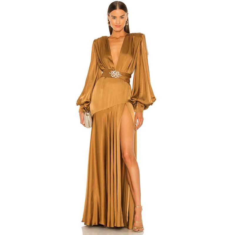 Top Trends: Temperament Deep V Shoulder ，Decorated Metal Fringe Bell Sleeve Elegant Dress, Women's Hem Slit Ruffled Party ，Dress Formal Dres Shoppable Styles