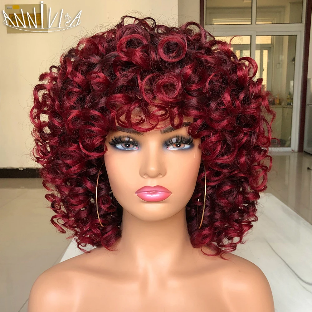 Top Trends: Short Curly Wine Red Wig With Bangs Afro Kinky Curly Wig Bouncy Fluffy Synthetic Hair Wigs For Black Women Cosplay Party Wig Shoppable Styles