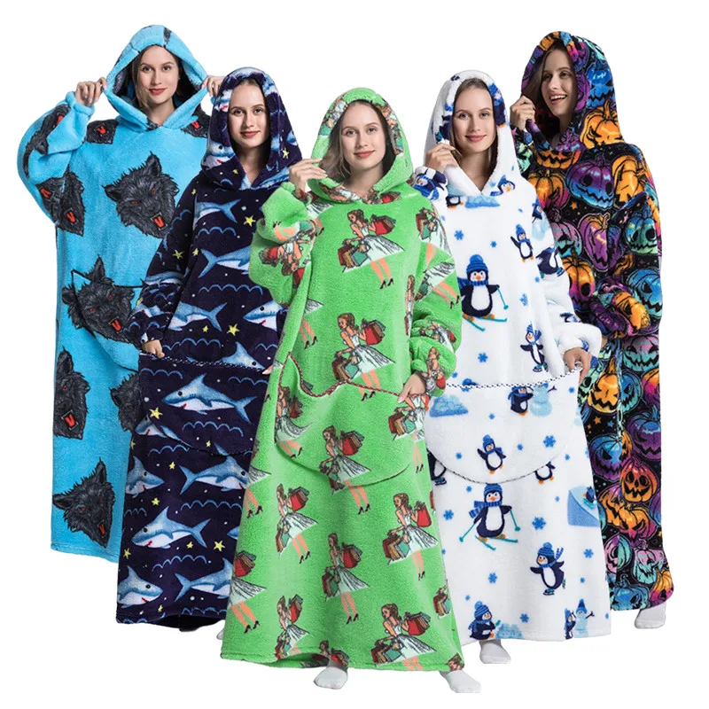 Top Trends: Wearable Blanket Hoodies Winter Home Wear Thick Loungewear Plush Flannel Pajamas For Adult Shoppable Styles