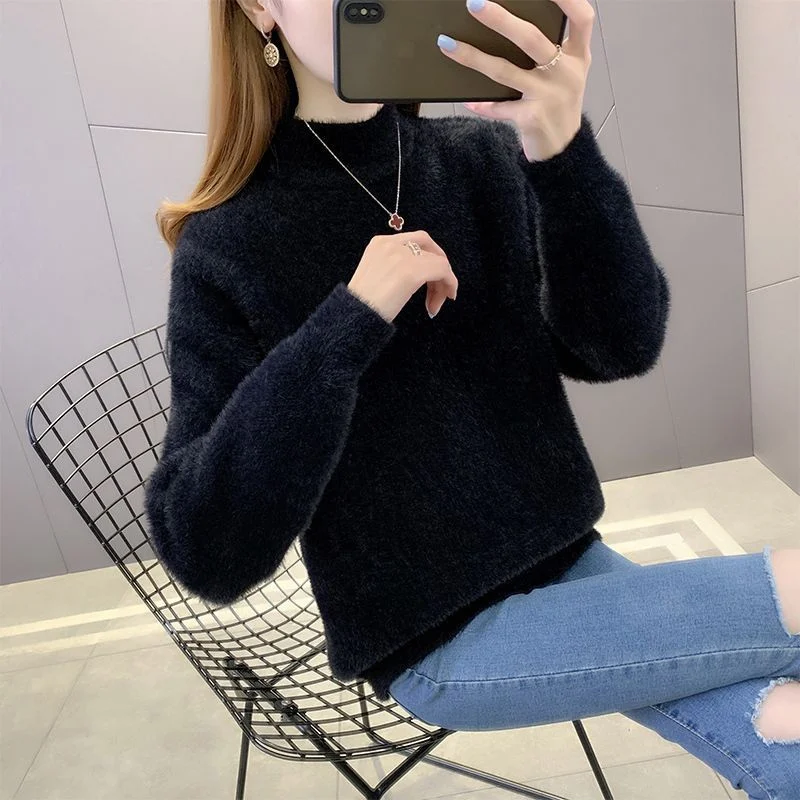 Top Trends: Fluffy Soft Thick Warm Half High Collar Knitted Sweater For Women Autumn Winter Korean Style Solid Long Sleeve Pullovers Jumpers Shoppable Styles - Image 6