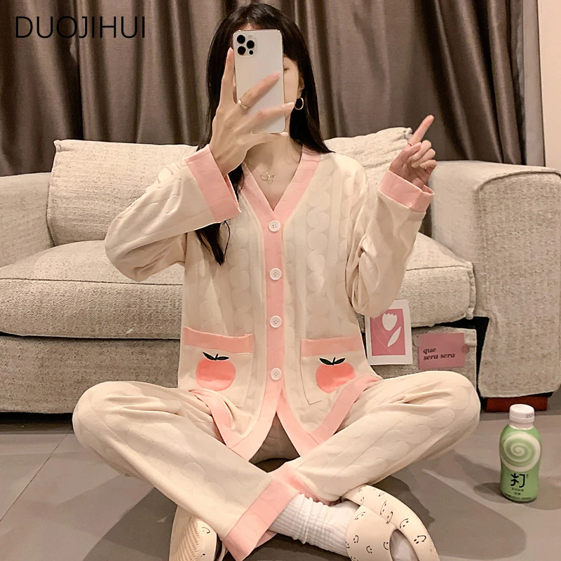 Top Trends: DUOJIHUI Two Piece V-neck Chic Button Cardigan Loose Women Pajamas Sets Basic Sweet Simple Casual Pant Fashion Female Sleepwear Shoppable Styles