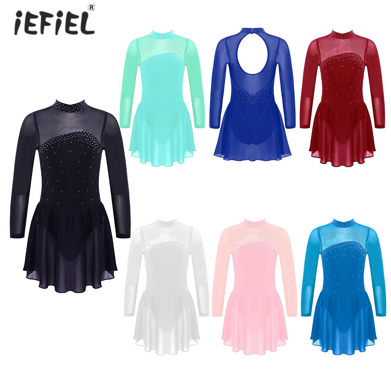 Top Trends: Girls Figure Ice Skating Roller Skating Dress Shiny Rhinestone Decor Long Sleeves Keyhole Back Dresses Leotard Ballet Dance Wear Shoppable Styles