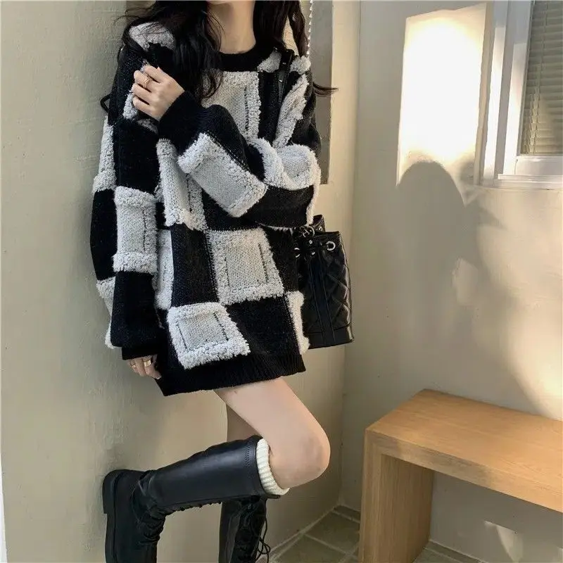 Top Trends: Streetwear Stylish Plaid Patchwork Sweaters Women's Clothing Autumn Winter Thick Warm Korean Loose All-match O-Neck Jumpers Shoppable Styles