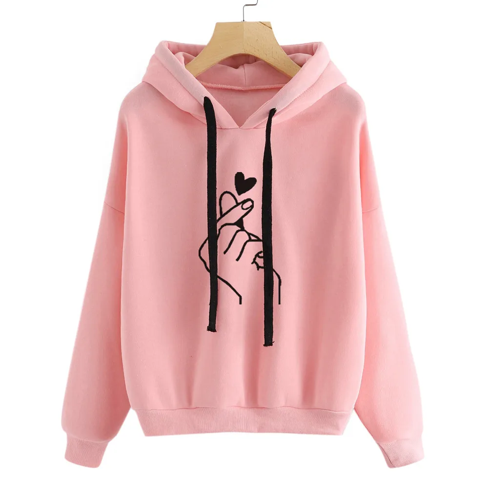 Top Trends: Women Hoodies Finger Heart Print Hooded Sweatshirts Korean Loose Oversize Drawstrings Fleece Warm Sportswear Hoodies Sudaderas Shoppable Styles