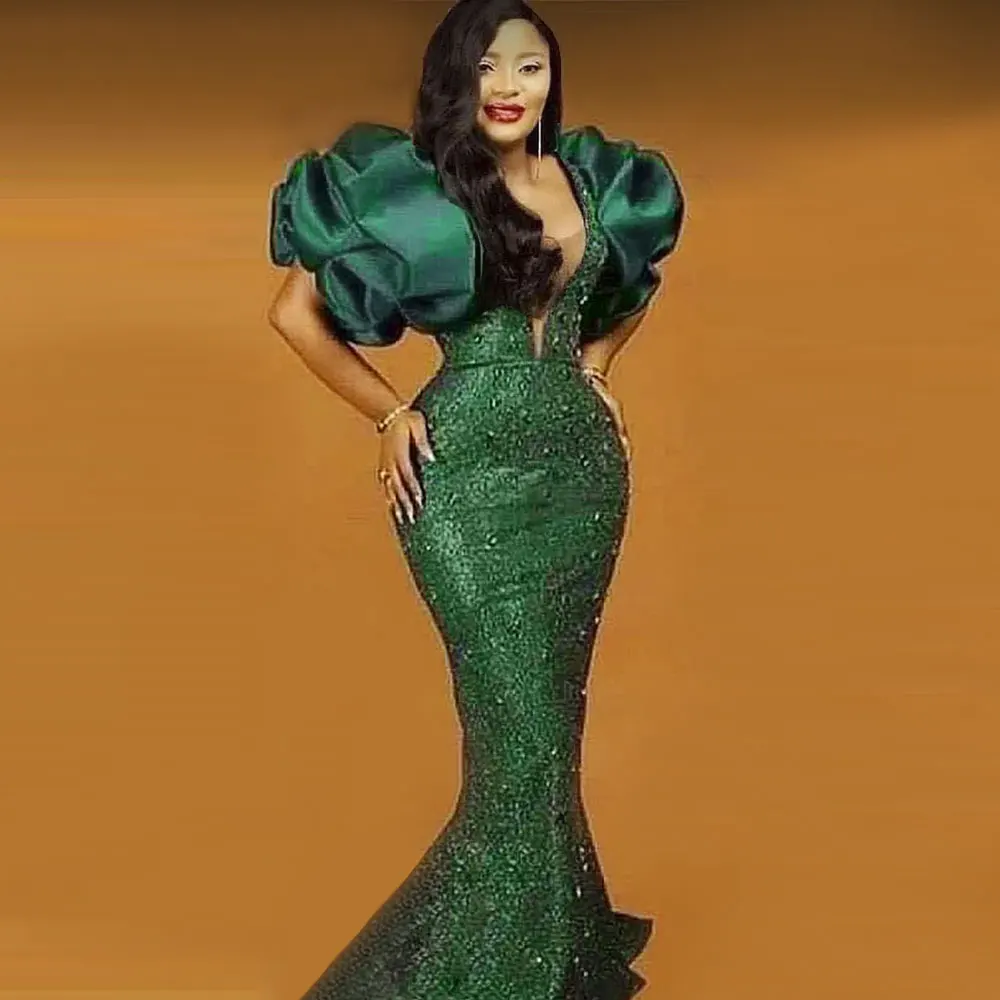 Top Trends: Puff Sleeves Bead Sequined Hunter Green Prom Dresses Mermaid Evening Dress Plus Size Party Gowns For African Women Robes De Shoppable Styles