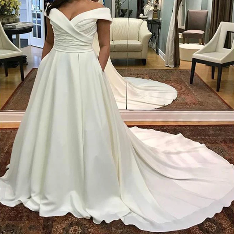 Top Trends: Flavinke Simple Satin Wedding Dresses For Women Off The Shoulder свадебное платье Plus Size Vestidos De Noiva Robe WIth Pocket Shoppable Styles