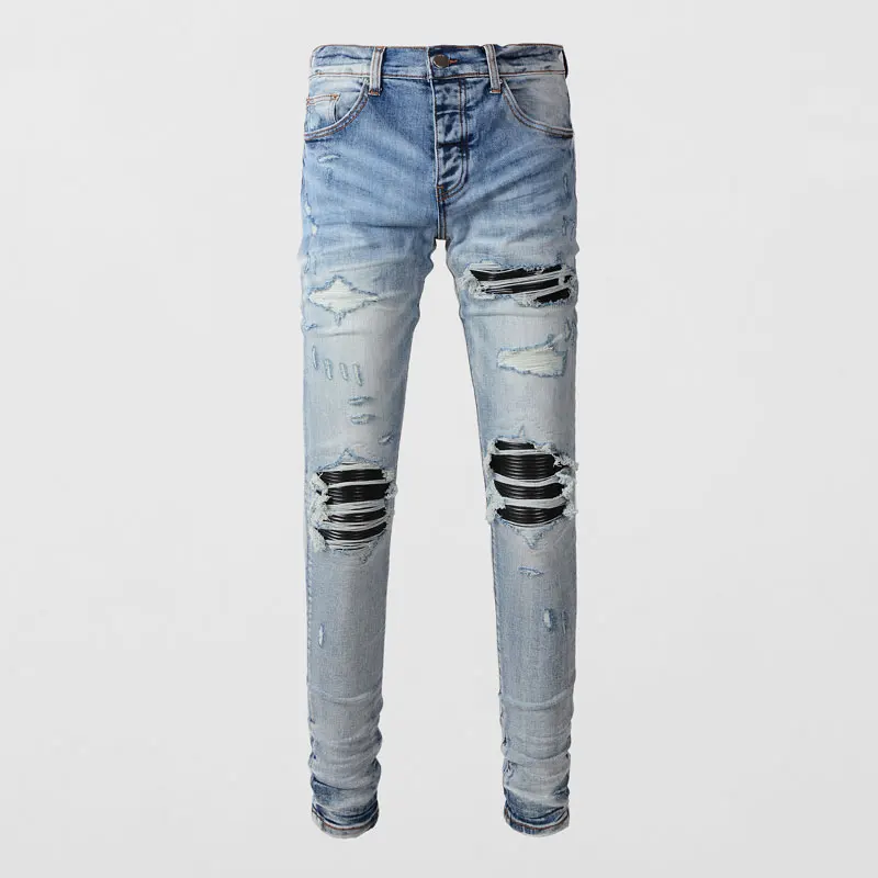 Top Trends: High Street Fashion Men Jeans Retro Light Blue Stretch Skinny Fit Ripped Jeans Men Leather Patched Designer Hip Hop Brand Pants Shoppable Styles