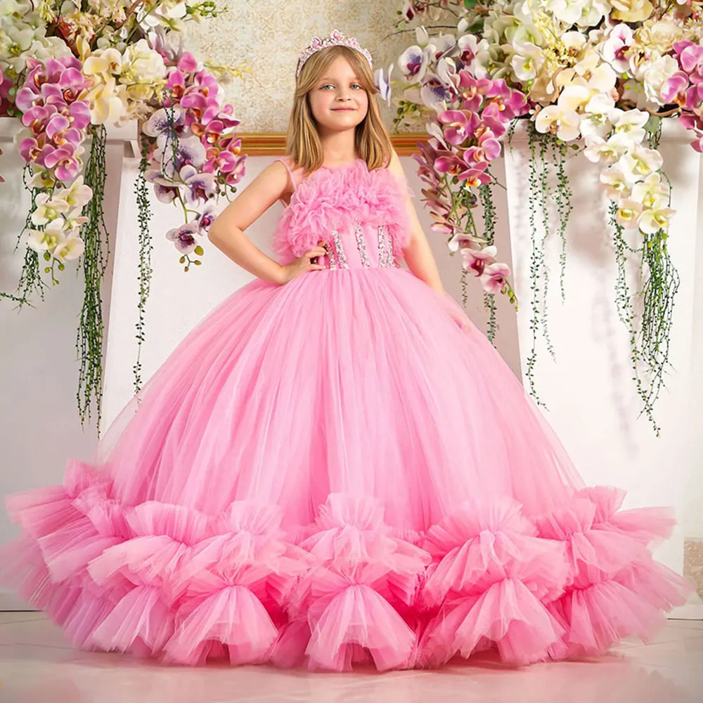 Top Trends: Jill Wish Luxury Pink Dubai Flower Girl Dress Beads Tiered Cute Princess Kids Ball Gown For Wedding Birthday Party Pageant J103 Shoppable Styles