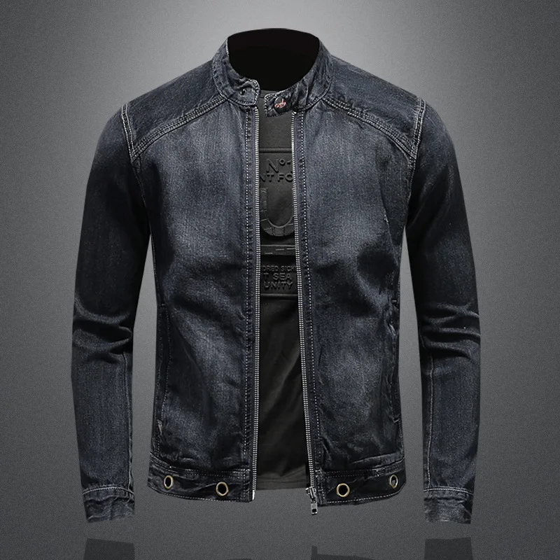 Top Trends: Men New Denim Jacket Fashion Casual Retro Simple Stand Collar Zipper Rivet Hole Slim Fit Motorcycle Top Street Versatile Shoppable Styles