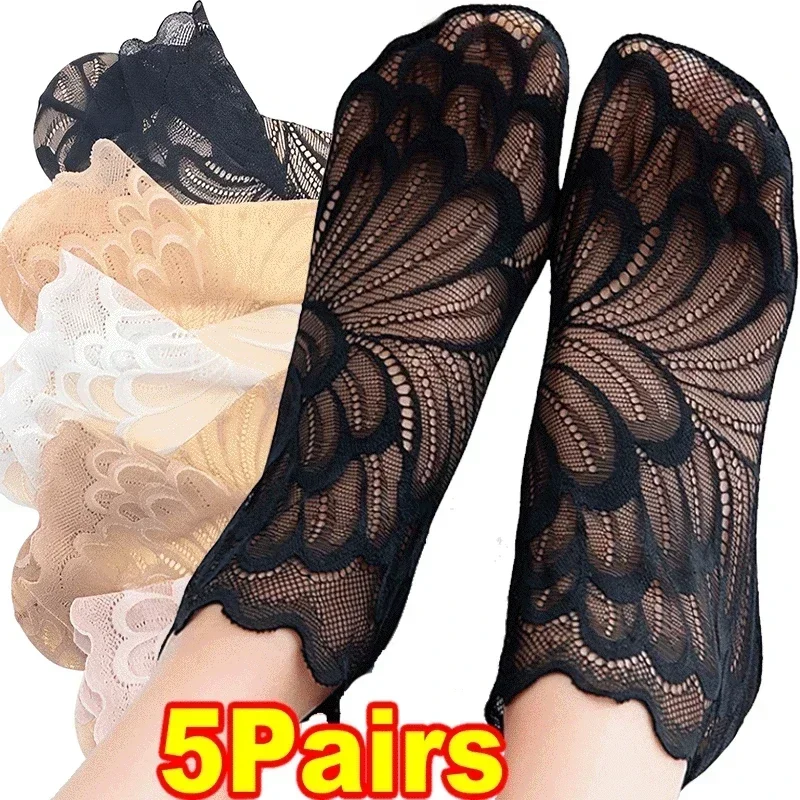 Top Trends: 5Pairs Women Lace Flower Mesh Socks Non-slip Invisible Liner Sock Female Elastic Comfy Thin Transparent Breathable Ankle Socks Shoppable Styles