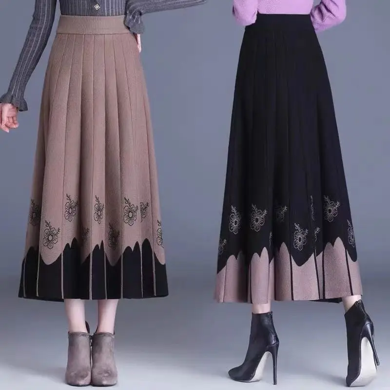 Top Trends: 2023 New Autumn A-line Skirt Autumn / Winter High Waist Skirt Fashion Women&#039;s Knitted Long Dress Versatile Embroidered Half Skirt Shoppable Styles