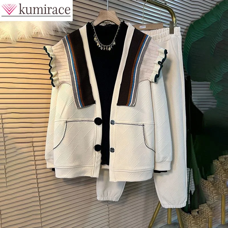 Top Trends: 2023 European American Popular Ruffle Stripe Splice Jacket Casual Wide Leg Trousers Two Piece Elegant Women&#039;s Pants Set Shoppable Styles