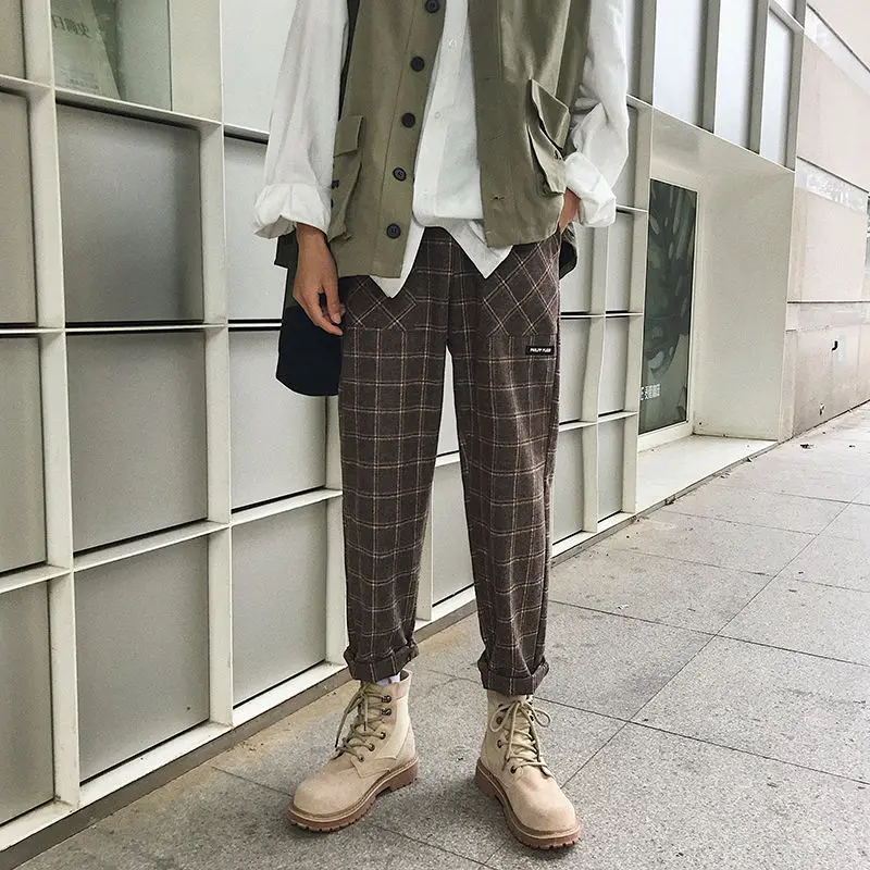 Top Trends: Spring Pants Men's Artistic Retro Plaid Casual Pants With Elastic Waist And Small Foot Plaid Pants Loose And Fashion All-match Shoppable Styles